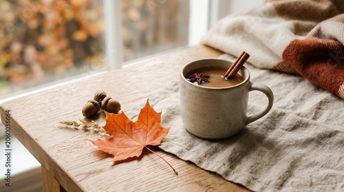 Cozy Autumn Atmosphere with a Steaming Mug of Spiced Latte and Fallen Maple Leaves on a Rustic Wooden Table Setting