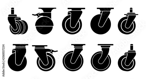 Set of Ten Black Silhouette Industrial Caster Wheels for Equipment Mobility