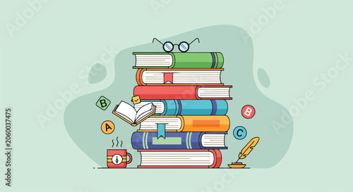 A stack of colorful books with glasses, mug, and pen