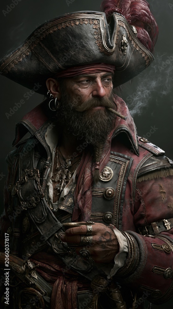 Fototapeta premium Europe medieval lifestyle. A detailed digital artwork depicts a man in a pirate costume. He wears a tricorn hat with a red feather, a leather jacket with intricate metalwork, and a red bandana.