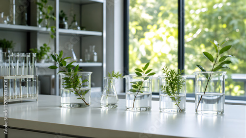 Green plant cuttings in laboratory beakers for botanical research