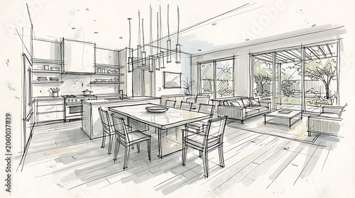 Modern open-concept kitchen and living room interior design sketch capturing spaciousness and natural lighting for contemporary
