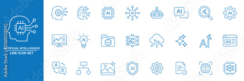 Generative AI line icon set featuring artificial intelligence, machine learning, chatbot, neural network, creativity, robot, and automation. Professional editable vector illustration