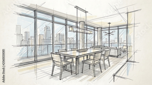 Contemporary office interior sketch highlighting modern design elements with a cityscape view and minimalist furnishings for