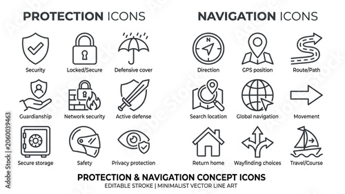 A set of minimalist line icons representing security, protection, and navigation. The icons are arranged in two columns with titles Protection Icons and Navigation Icons.