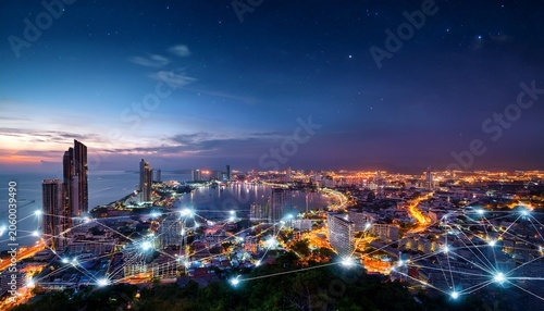 smart network and connection city of pattaya thailand at night