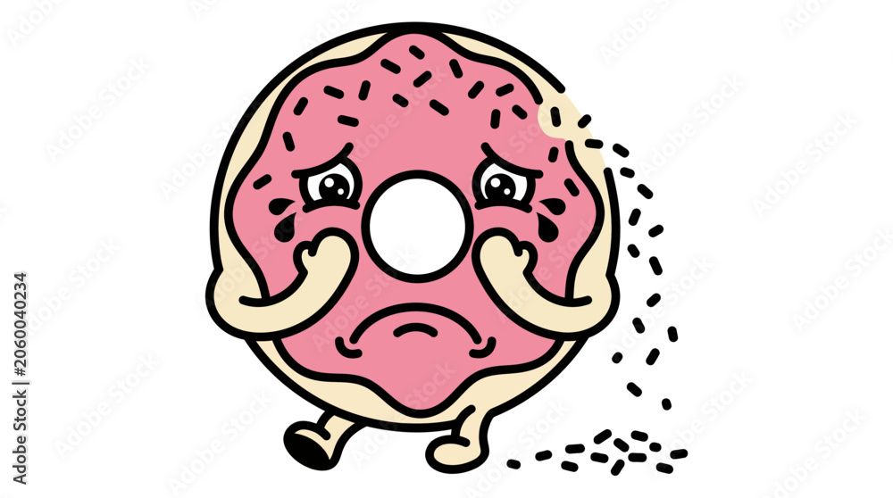 Obraz premium Whimsical illustration of a sad pink donut crying, feeling sweet food regret and diet struggles