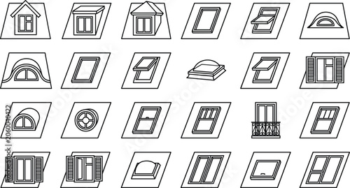 Architectural Window and Roof Skylight Line Icon Set Featuring Dormers Shutters and Attic Glass Panels for House Construction Design Vector Illustration