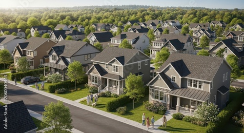 Aerial view of a modern suburban neighborhood with singlefamily houses, lush green trees, manicured lawns, and residents walking along the sidewalk