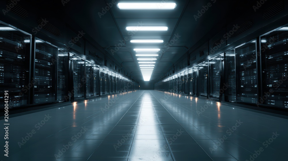 Fototapeta premium high tech underground data vault, modern minimal style, cool neon lighting, perfectly aligned servers, reflective floor, cinematic ultra realistic detail