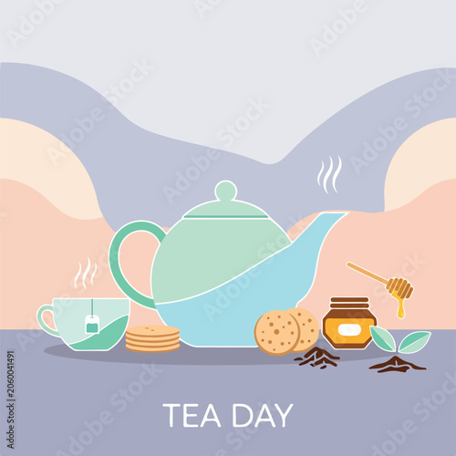 A still life of a teapot, tea cup, cookies, honey, and tea leaves