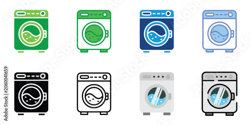 Washing Machine Icon Set Collection, Laundry Appliance Symbol, Washer Equipment Vector Illustration in Flat Outline and Glyph Styles