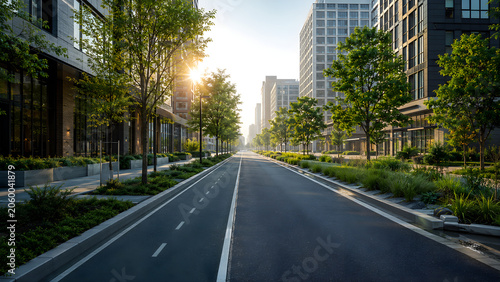 Modern urban street with bike lane and green trees at sunrise
