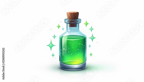 3D rendered glass potion bottle with glowing neon green magic liquid.