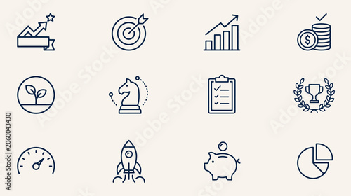 Collection of business and finance line icons on a light background