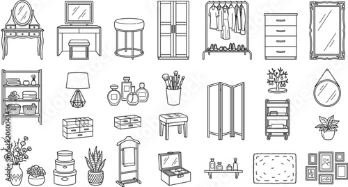 Schilderij op canvas Bedroom and Dressing Room Furniture Line Icon Vector Set with Wardrobe Vanity Ta