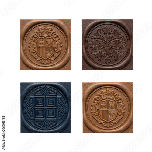 Four artisanal clay wax seals in a 2x2 grid featuring intricate botanical and geometric designs in earthy tones against a white background, vintage elegance