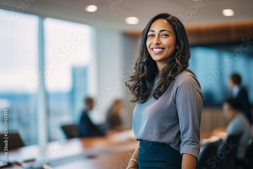 Smart female entrepreneur smiling at camera, mature businesswoman team leader, modern office hub, inclusive staff, productivity planning session