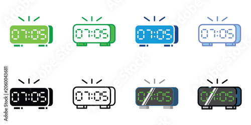 Digital Alarm Clock Icon Set in Flat, Outline, Glyph and Colored Styles, Electronic Time Display Symbol Collection for UI UX Apps and Web Design