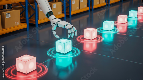 A futuristic industrial warehouse scene with a robotic arm interacting with holographic cubes.