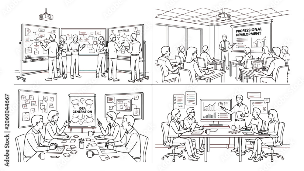 Naklejka premium Professional development and business training scenes, hand drawn doodle vector set of office meetings, corporate workshop and brainstorming sessions