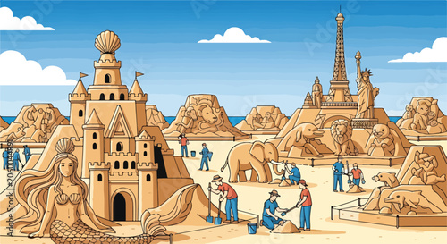 Tableau sur toile A colorful illustration of a bustling sand sculpture beach scene