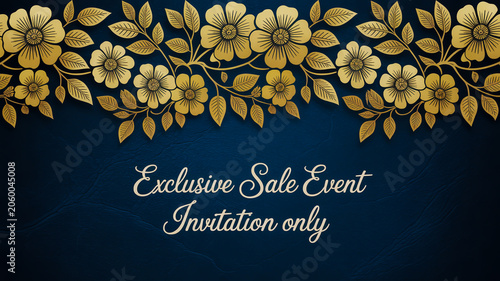 A high-end invitation design with an ornate golden floral border against a deep navy blue textured background