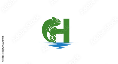 Green chameleon forming letter H with water reflection.