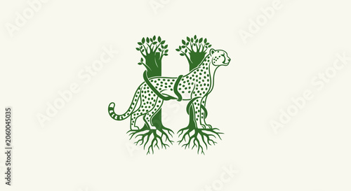 Illustrated leopard with tree branches and roots design.