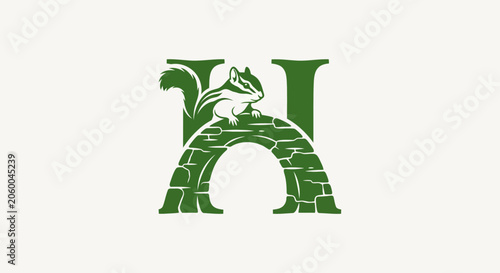 Green Letter H with Dragon and Stone Arch Design.