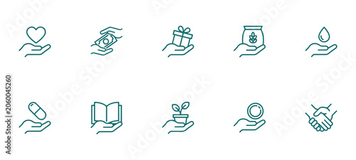 Collection of ten teal line icons on white background representing charity and support