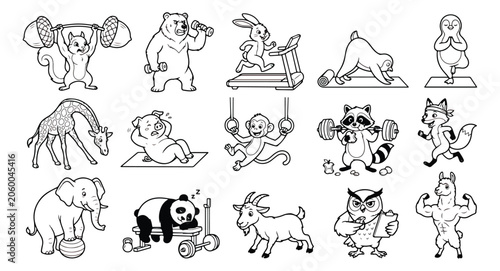 Canvas Print Funny fitness animals vector set, 15 cartoon animal characters working out at th