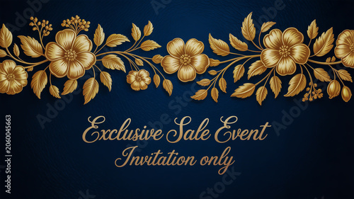 A high-end invitation design with an ornate golden floral border against a deep navy blue textured background