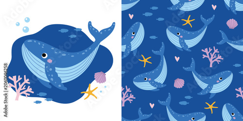 Photography Cute whale surface design and seamless pattern set