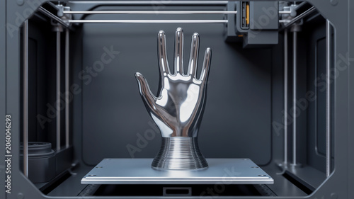 A highly detailed 3D printed metallic chrome hand sculpture inside a 3D printer enclosure.