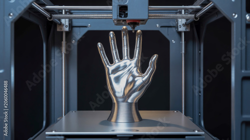 A highly detailed 3D printed metallic chrome hand sculpture inside a 3D printer enclosure.
