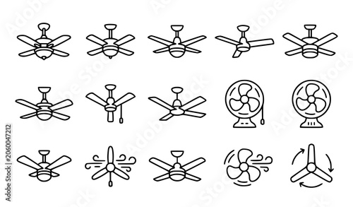 Foto Ceiling and portable fan line icons set black and white vector illustration
