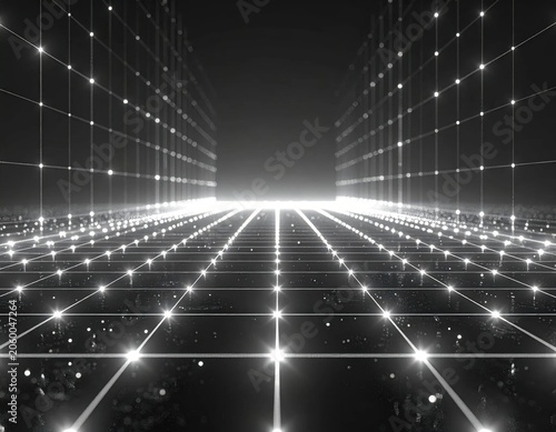 glowing digital grid perspective, virtual tunnel with bright light nodes, cyberspace data network flow