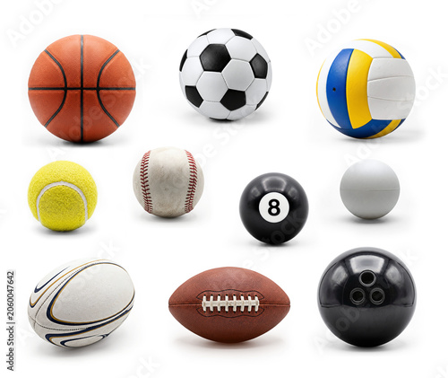 Set of various professional sports balls including basketball soccer volleyball baseball and football on isolated white background flatlay design element