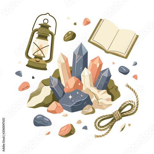 Foto Crystals and minerals with lantern book.