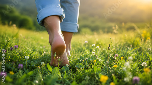 Bare feet walking on green grass with wildflowers at golden hour