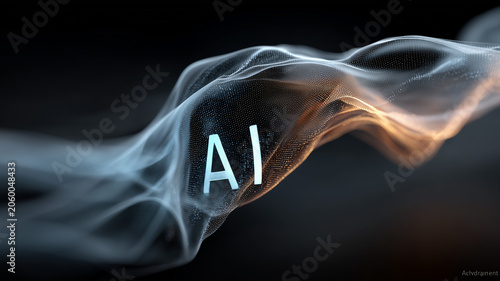 Glowing AI abbreviation on futuristic abstract particle wave. Modern artificial intelligence technology concept, innovative global server network and machine learning design.