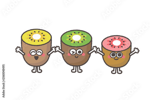 手をつなぐかわいいキウイトリオのキャラクター