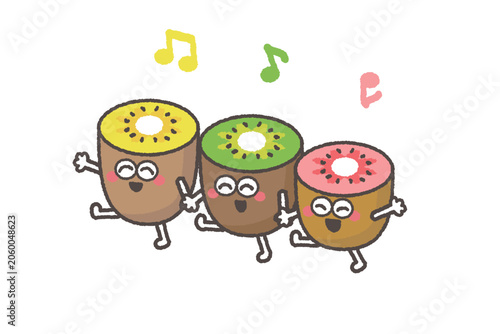 笑顔で踊るかわいいキウイトリオのキャラクター