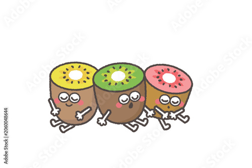 座って眠るかわいいキウイトリオのキャラクター
