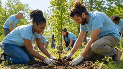 Happy volunteers planting a small tree together outdoors