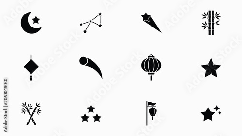 Εκτύπωση καμβά Collection of creative vector icons showcasing celestial bodies and traditional items art