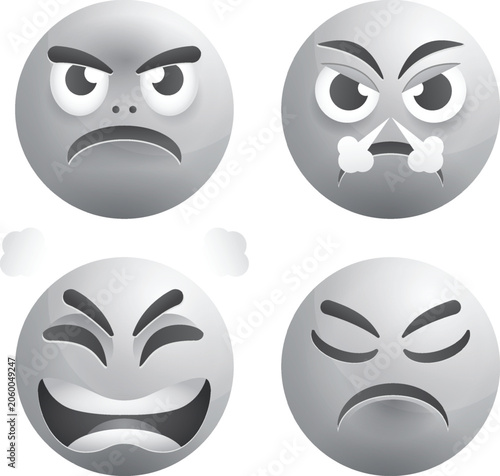 Cuadro en lienzo A collection of four grayscale emoticons displaying various intense negative emotions like anger, rage, and frustration