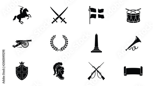 Schilderij op canvas Military and historical icons including knight, cannon, flags, and weapons