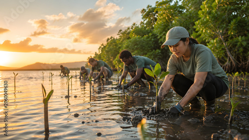 Diverse group of volunteers planting mangrove trees at sunset